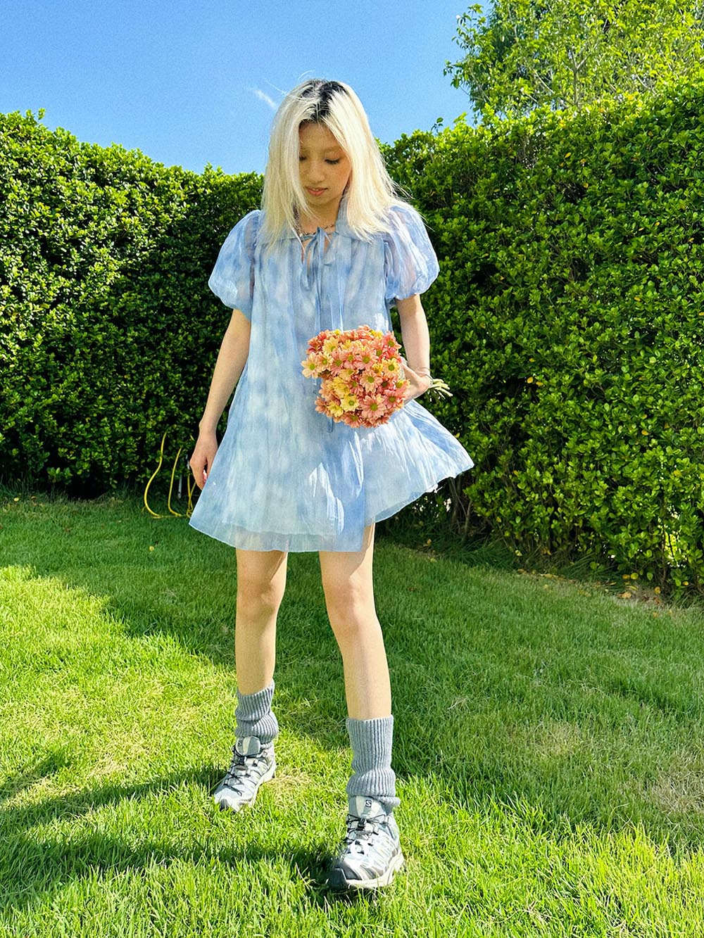 MUKTANK x TWOPLUMGIRLS Pleated Blue Organza Bubble Sleeve Summer Dress