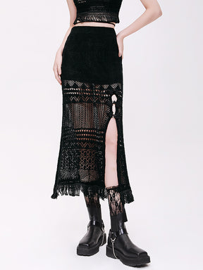 MUKTANK×CUUDICLAB Hollwed-out Knit Tassel Skirts