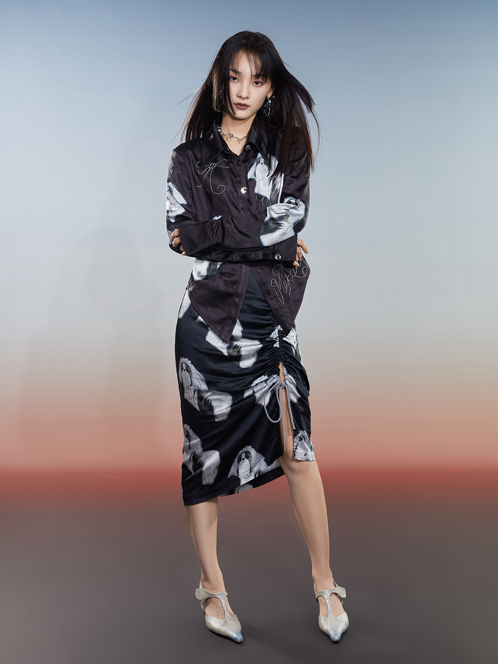 MUKZIN Printed Slim-fitting Slit Retro Versatile High-quality Skirt