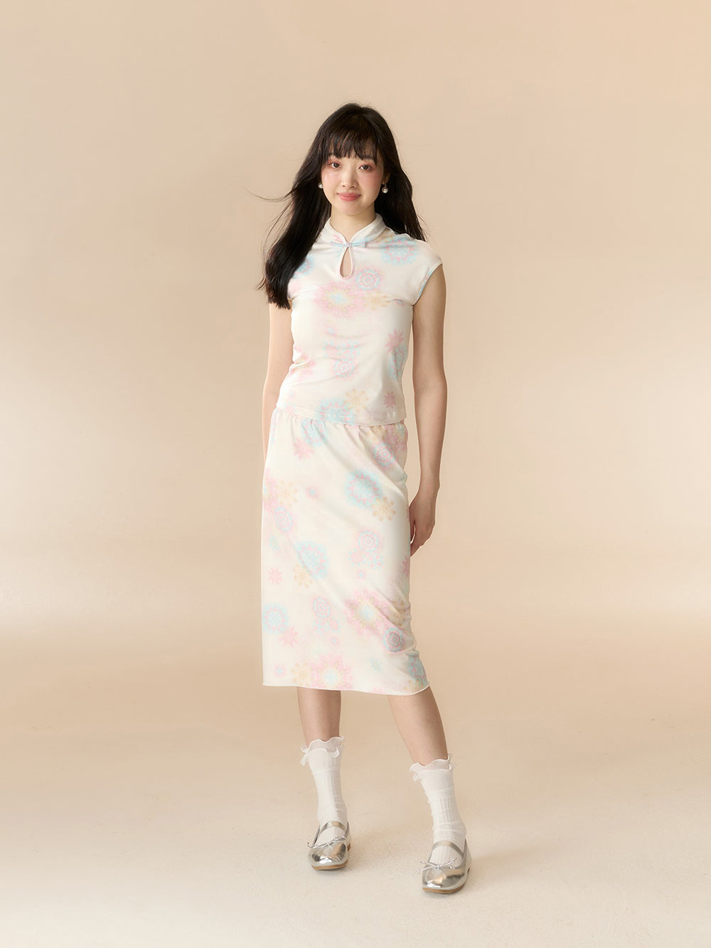 MUKTANK x LOUMUTAKU Mengze "Colorful Summer" niche girl kaleidoscope fireworks cheongsam collar dress set kaleidoscope skirt