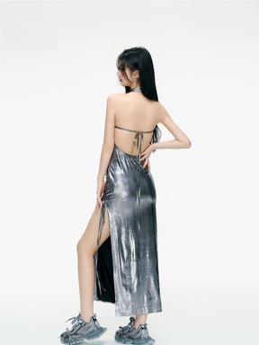 MUKTANK x ARDENCODE Embroidered Body-Hugging Metallic Silver Halter Long Dress