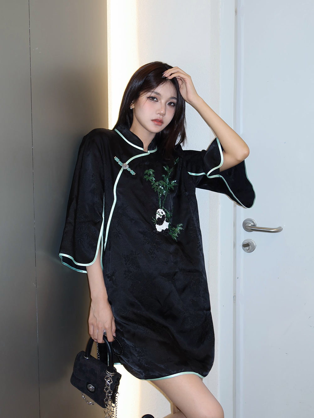 MUKZIN Black Panda Embroidered Cheongsam Dress