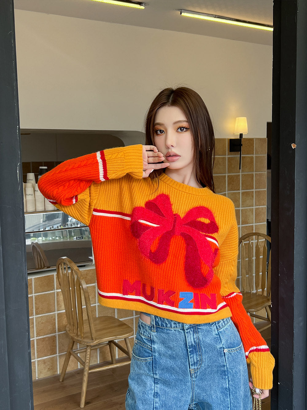 MUKZIN Bowknot Ginger and Red Color Blocking Sweater