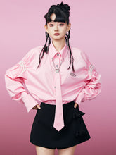 MUKZIN Pink Fashion Pearl Embellished Long Sleeve Shirt (With Tie)