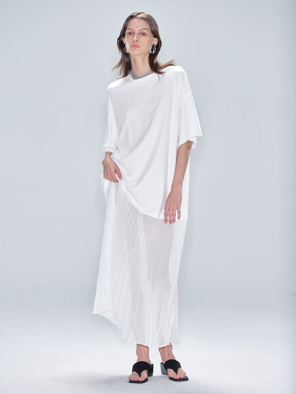loose pleated dress MUKTANK x MODULER Cotton Loose Pleated T-Shirt Dress Black / L