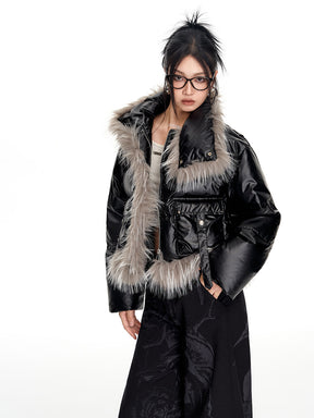 MUKTANK x WESAME Winter Black Eco-leather Stand Collar Short Down Jacket