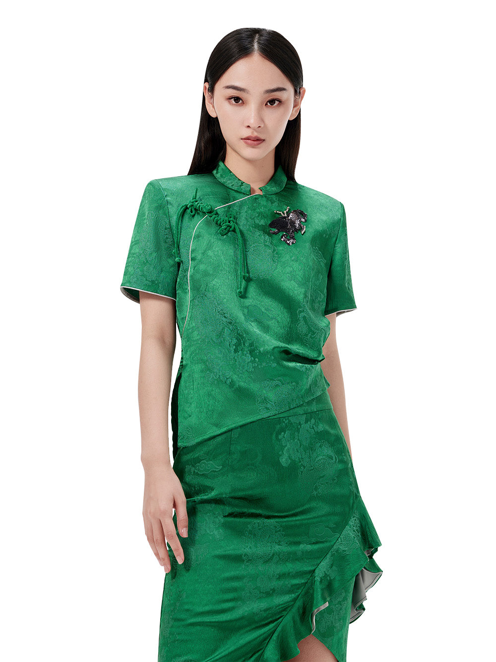 MUKZIN Green Chinese Button Design Short T-shirt