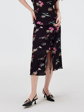 MUKZIN Printed Side Slit Lace-up Skirt