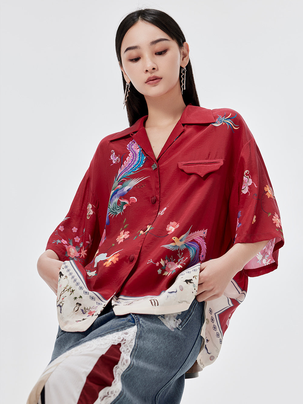 MUKZIN Red Chinese Element Embroidered Mid-sleeve Loose Shirt