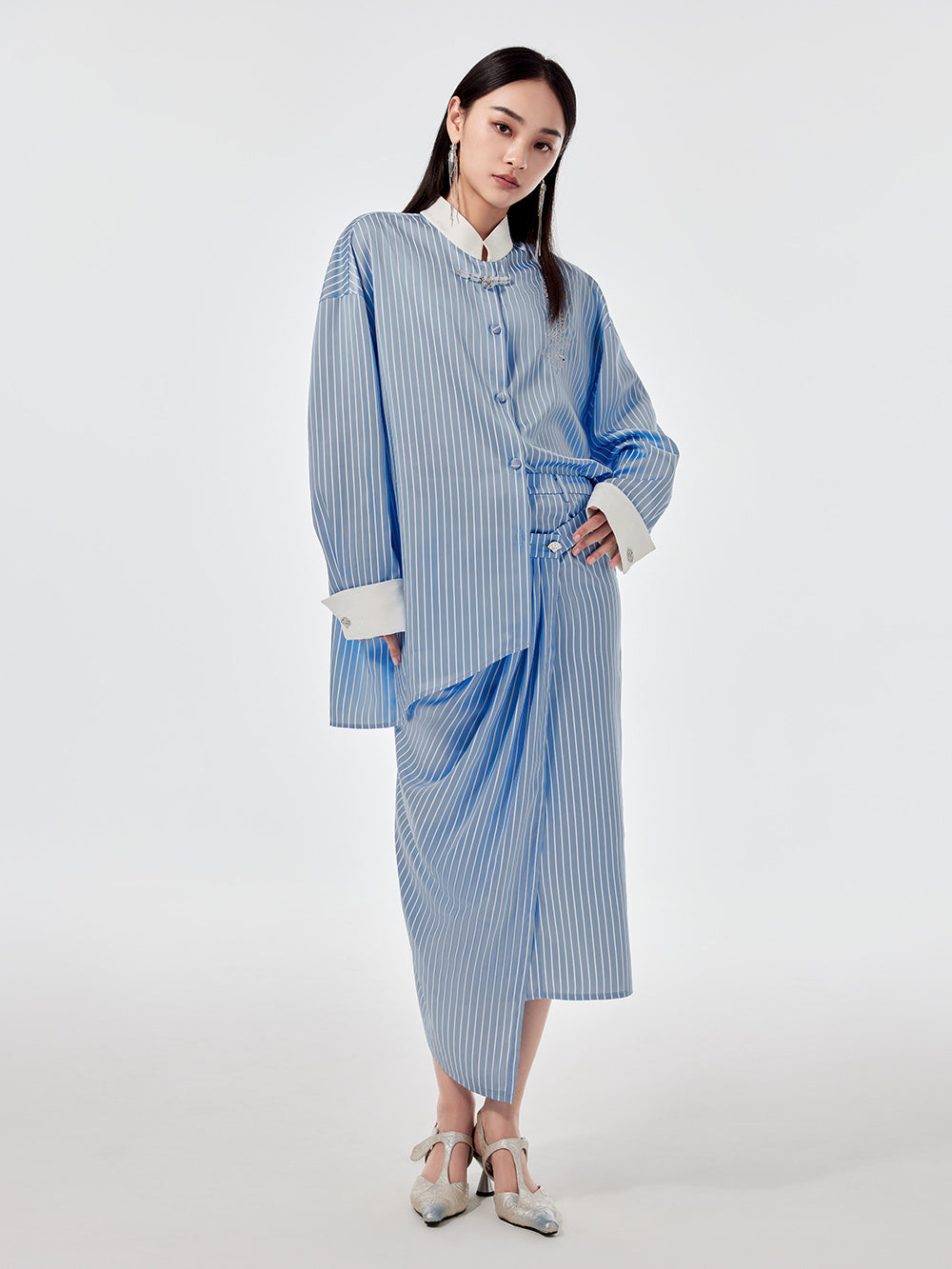 MUKZIN Linglong Series "Biluo" blue and white striped improved Tang suit shirt