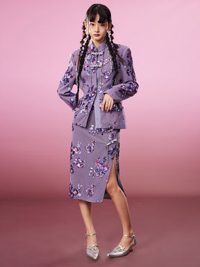 MUKZIN Slim Purple Chinese Style Printed Coat
