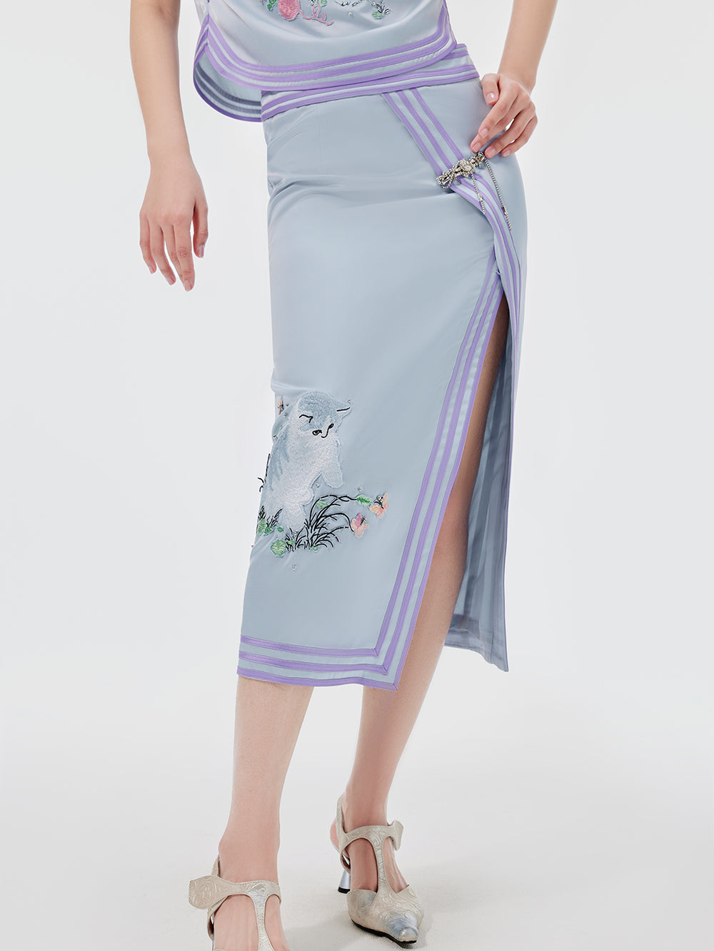 MUKZIN Chinese Style Cat Embroidery Print Slit Midi Skirt