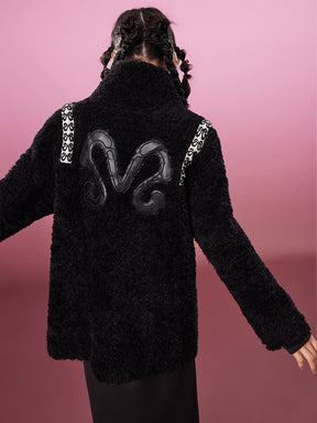 MUKZIN Medium Long Black Embroidered Patchworks Fur Coat