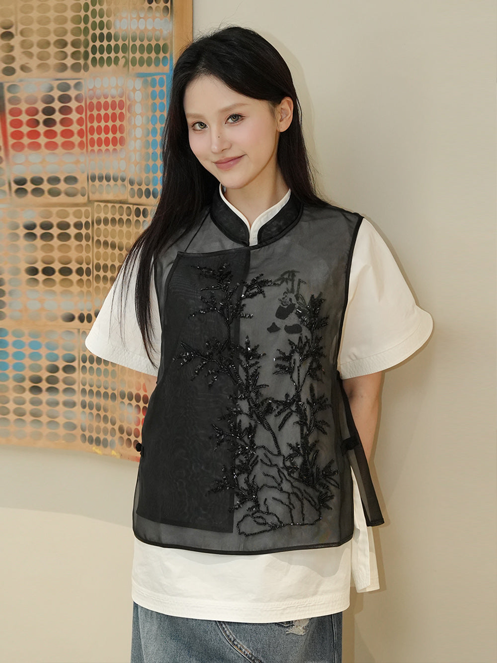 MUKZIN Black See-through Bamboo Leaf Embroidered Vest