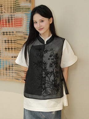 MUKZIN Black See-through Bamboo Leaf Embroidered Vest