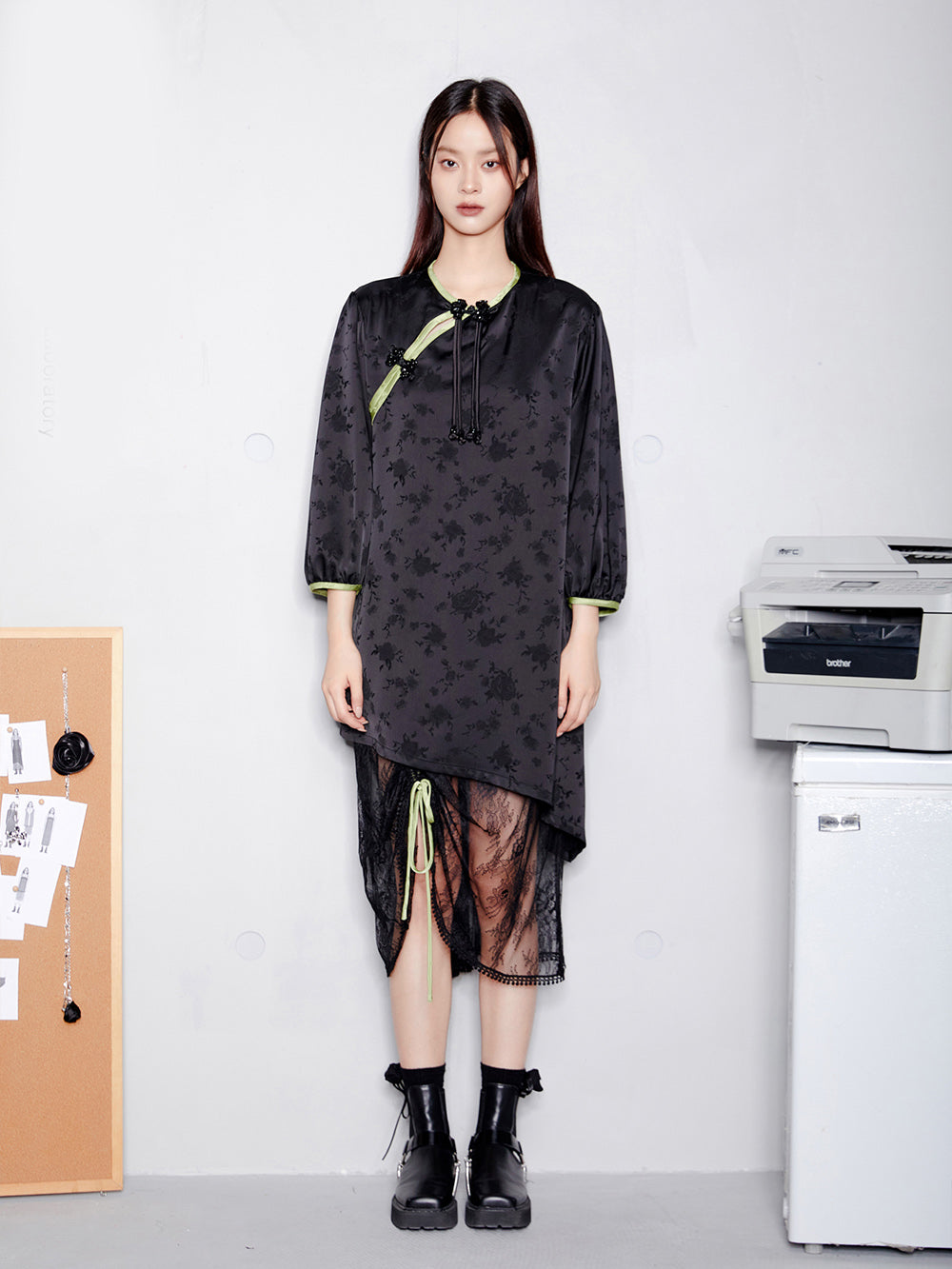 MUKTANKxCUUDICLAB Jacquard Satin Lace Patchwork Dress