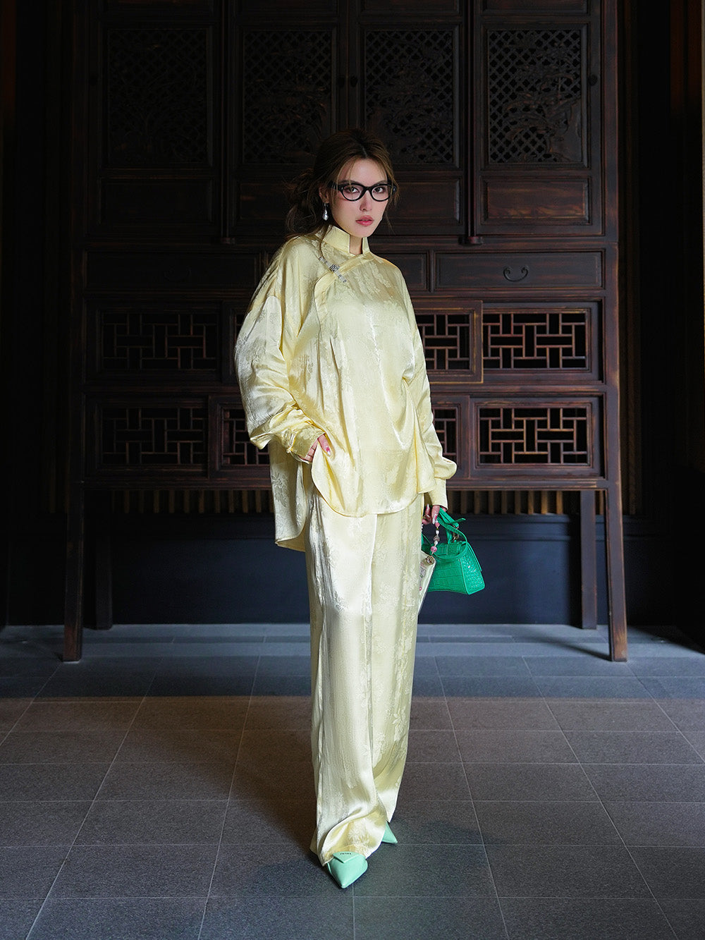 パンツ moccian MUKZIN Yellow Jacquard Loose Wide-leg Pants