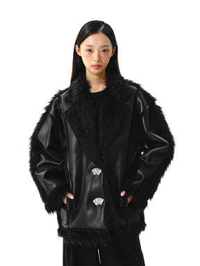 MUKTANK x LOUNUTAKU Black Fur Spliced Metal Fan Button Jacket