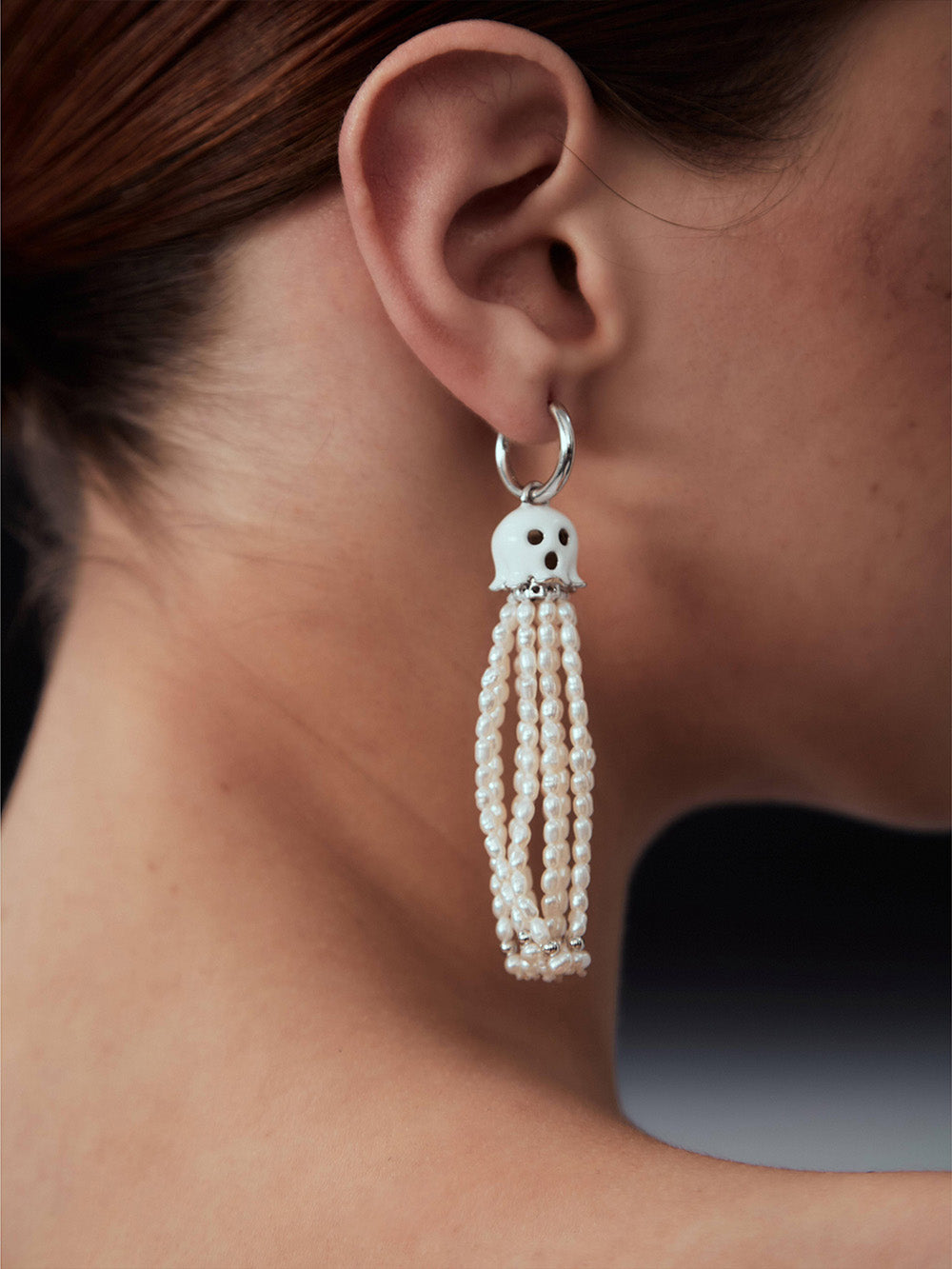 MUKTANK xPEARLONA DANGEROUS GARDEN-GHOSTFACE LILY Millet Pearl Tassel Earrings
