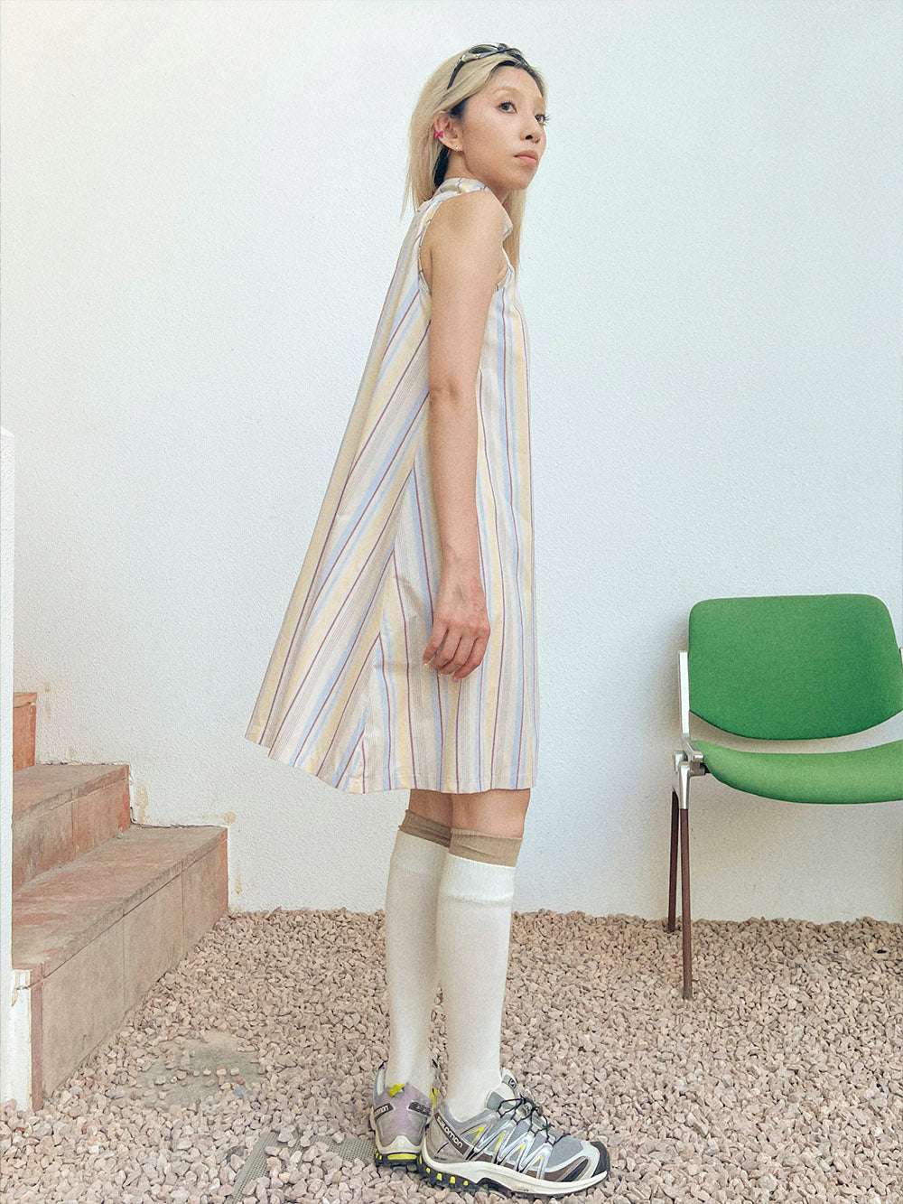 MUKTANK x TPG Yellow and White Striped Halter Neck Dress