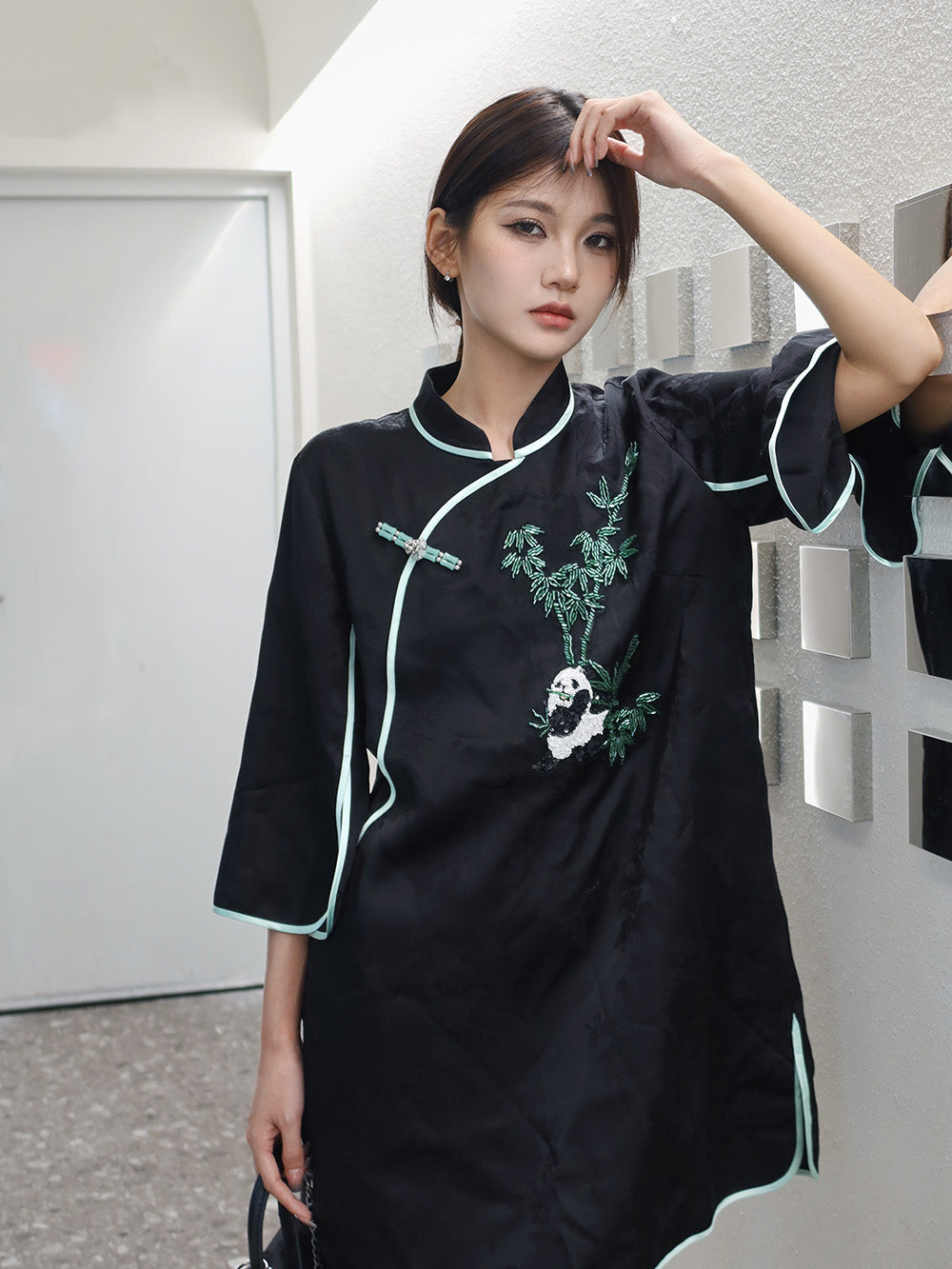 MUKZIN Black Panda Embroidered Cheongsam Dress