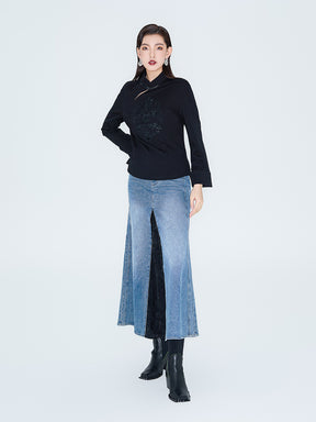 MUKZIN Linglong Old Denim Front Side Slit Patchwork Fishtail Skirt