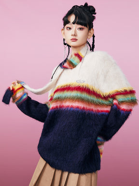 MUKZIN Rainbow Striped Oversized Sweater with Scarf