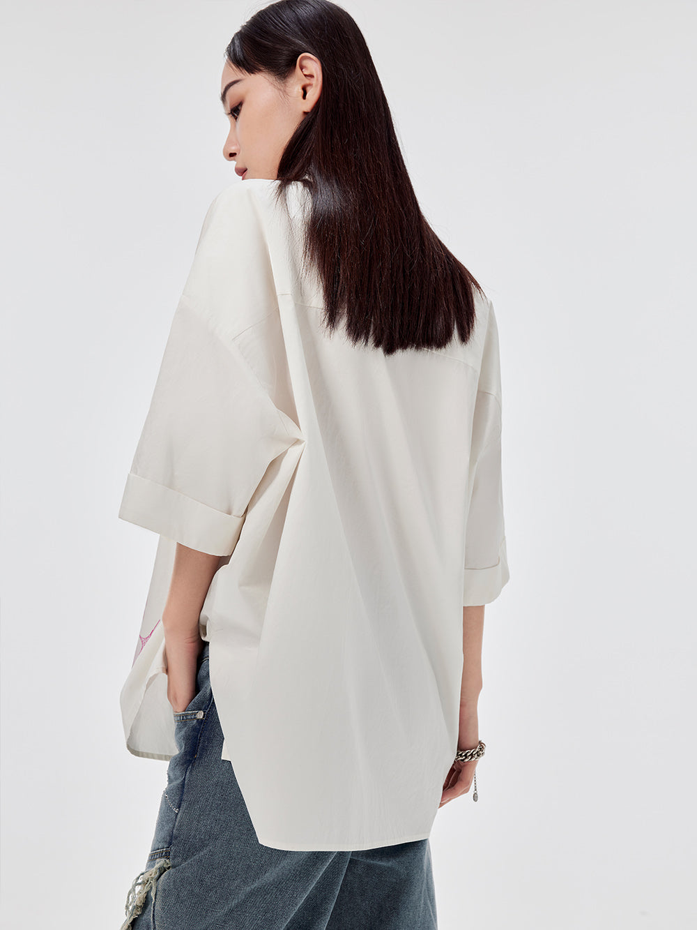 MUKZIN White Chinese Stand Collar Printed Sequin Fashion Shirt