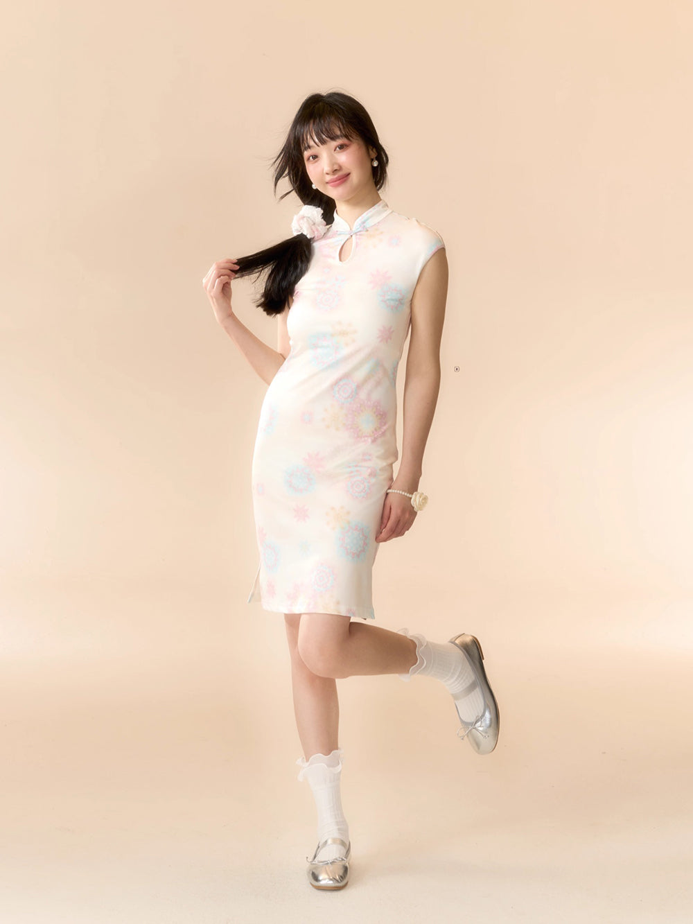 MUKTANK x LOUMUTAKU Mengze "Colorful Summer" niche girl kaleidoscope fireworks cheongsam collar dress set kaleidoscope dress