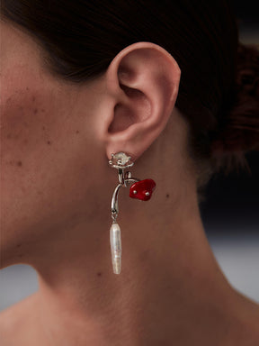 MUKTANKxPEARLONA Dangerous Garden -Twin Red Mushroom Silver Baroque Pearl Earrings