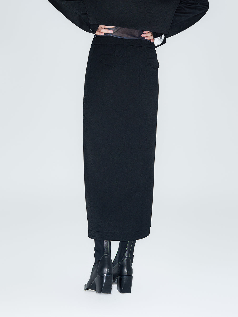 MUKZIN Black Asymmetric Slit Midi Skirt