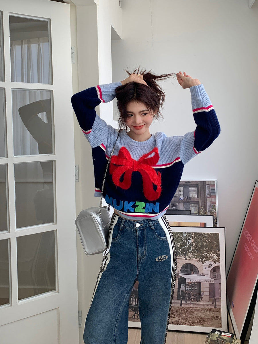 mukzin ニット MUKZIN Bowknot Ginger and Red Color Blocking Sweater