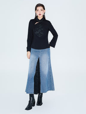 MUKZIN Linglong Old Denim Front Side Slit Patchwork Fishtail Skirt