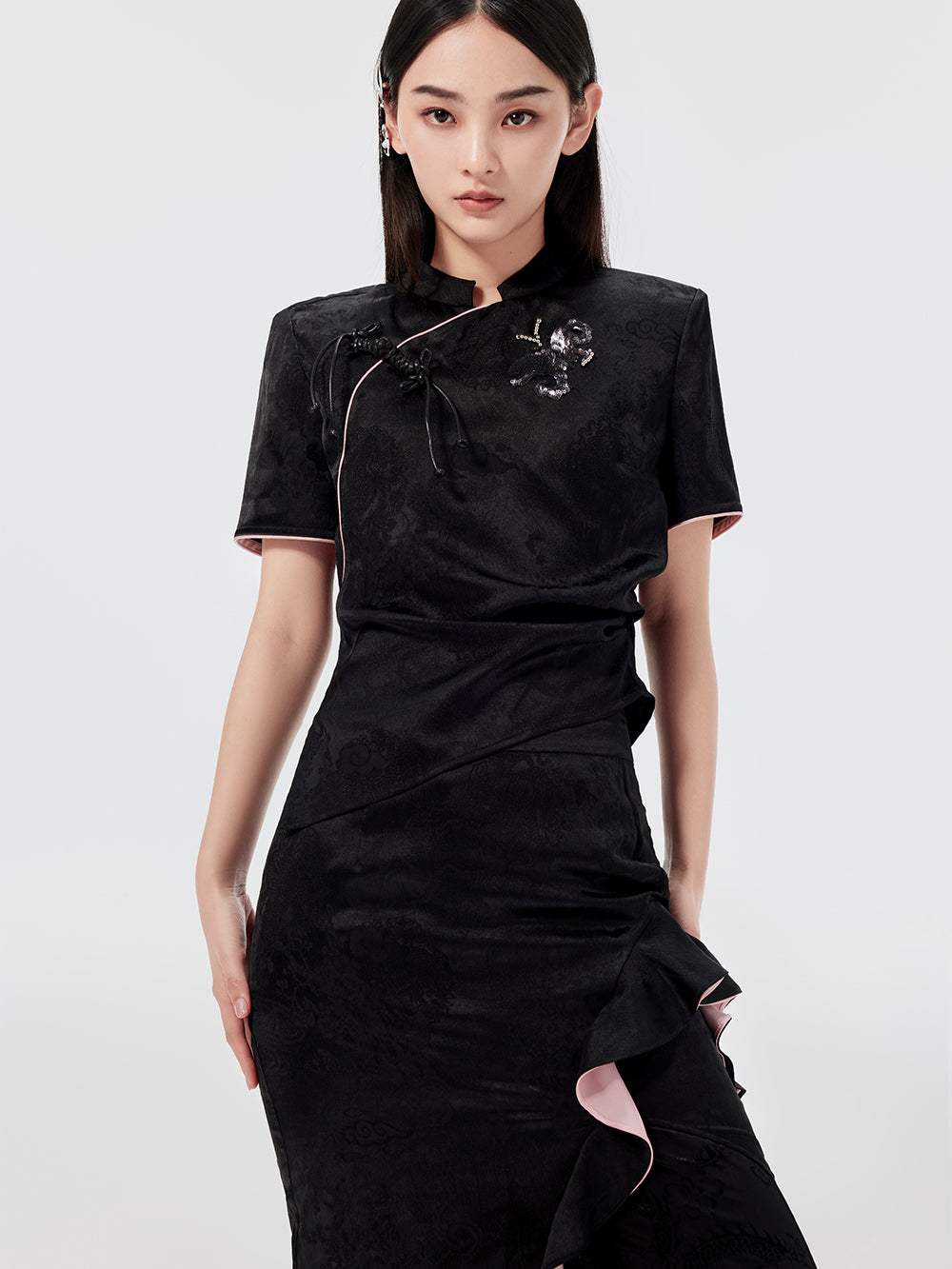 MUKZIN Black Slim Fit Jacquard Sequined Chinese Style Cheongsam T-shirt