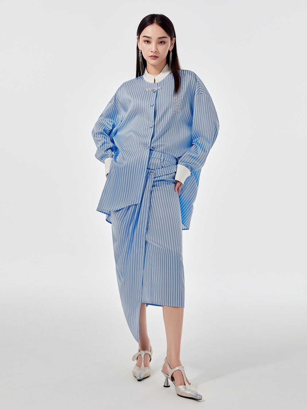 Linglong Series "Biluo" New Chinese Style Blue and White Striped Skirt