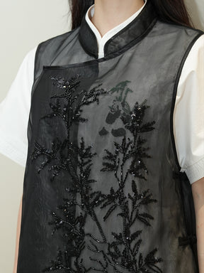 MUKZIN Black See-through Bamboo Leaf Embroidered Vest