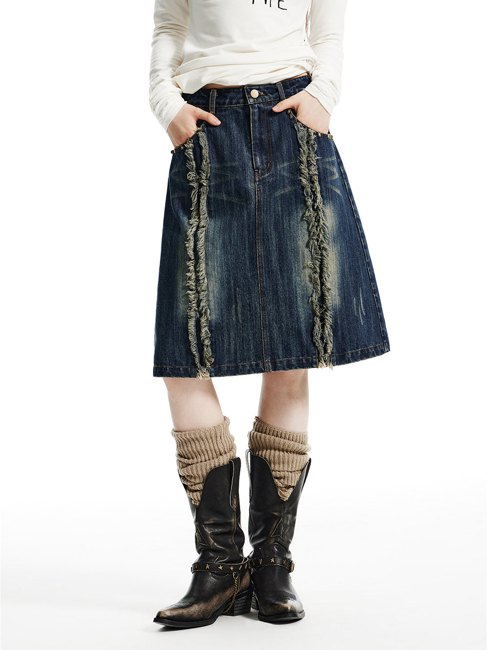 MUKTANK x WESAME LAB Early Spring Vintage Whisker Washed Denim A-line Midi Skirt