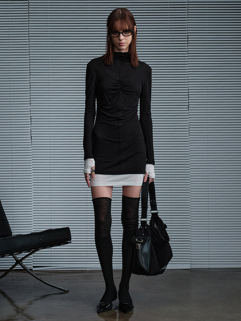 MUKTANK X MODULER Silk-like Faux Two-piece Color-block Bodycon Dress Black / L