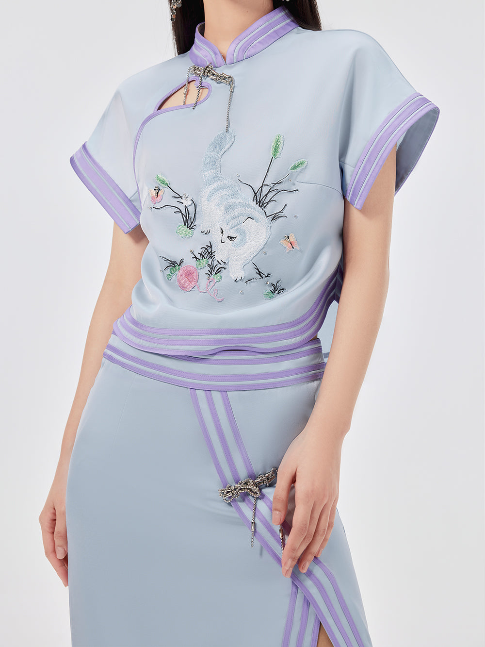 MUKZIN Cat Embroidered Chinese Style Cheongsam Short T-shirt