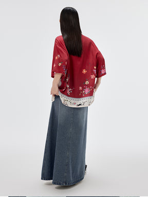MUKZIN Red Chinese Element Embroidered Mid-sleeve Loose Shirt