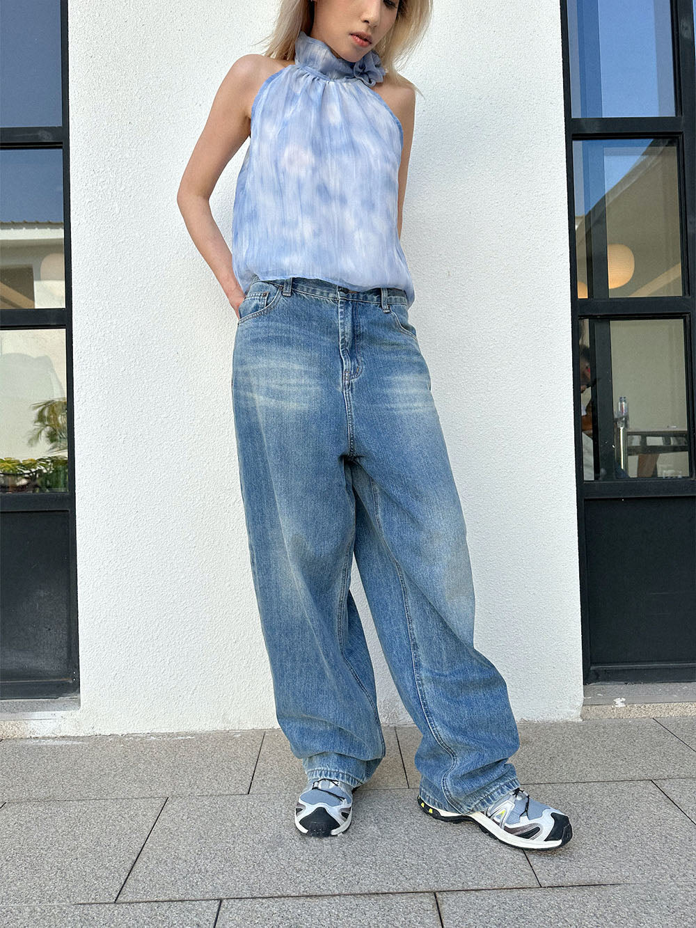 MUKTANK x TWOPLUMGIRLS Tie-Dye Blue Halter Neck Floral Organza Tank Top