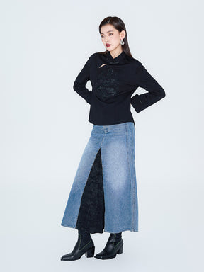 MUKZIN Linglong Old Denim Front Side Slit Patchwork Fishtail Skirt