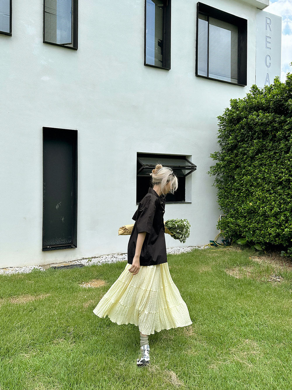 MUKTANK x TPG Yellow Crinkle Pleated Voluminous Vacation-Style A-Line Skirt