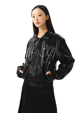 MUKTANK x LOUNUTAKU Neo-Chinese Style Hot Fix Rhinestone Leather Coat