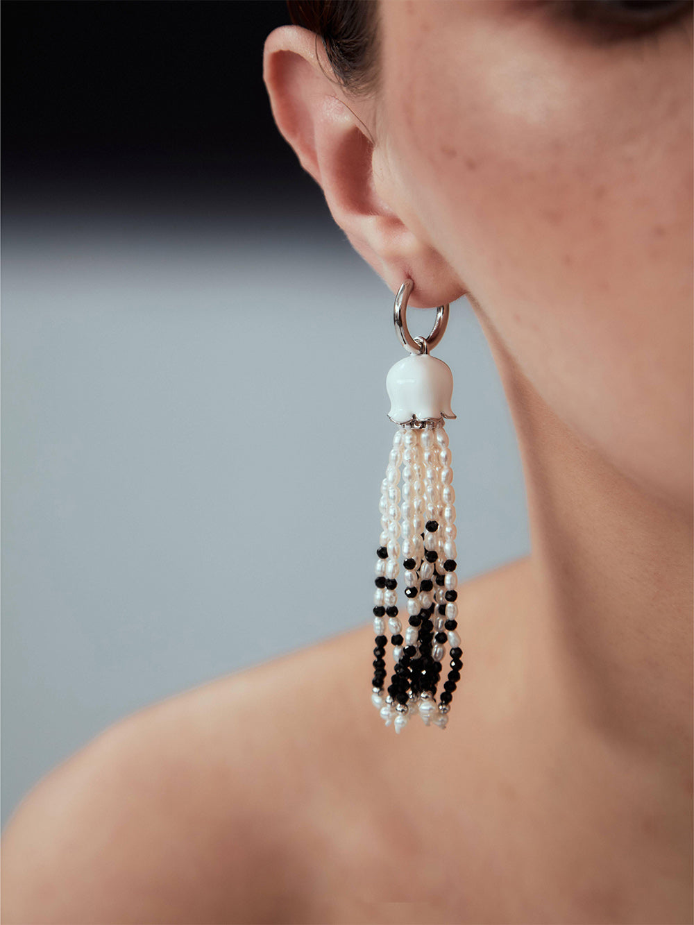 MUKTANK xPEARLONA DANGEROUS GARDEN-GHOSTFACE LILY Millet Pearl Tassel Earrings