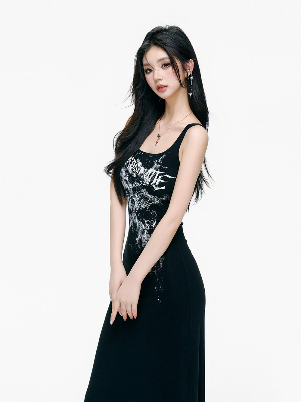 tight fitting maxi dress MUKTANK x ARDENCODE Print Graffiti Tight-Fitting Stretchy Knit Camisole Long Dress S