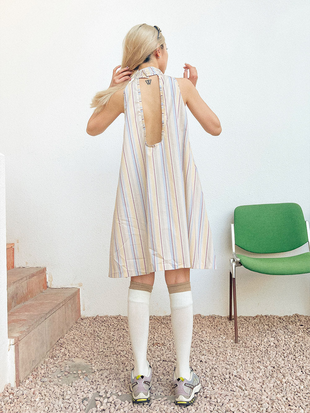 MUKTANK x TPG Yellow and White Striped Halter Neck Dress
