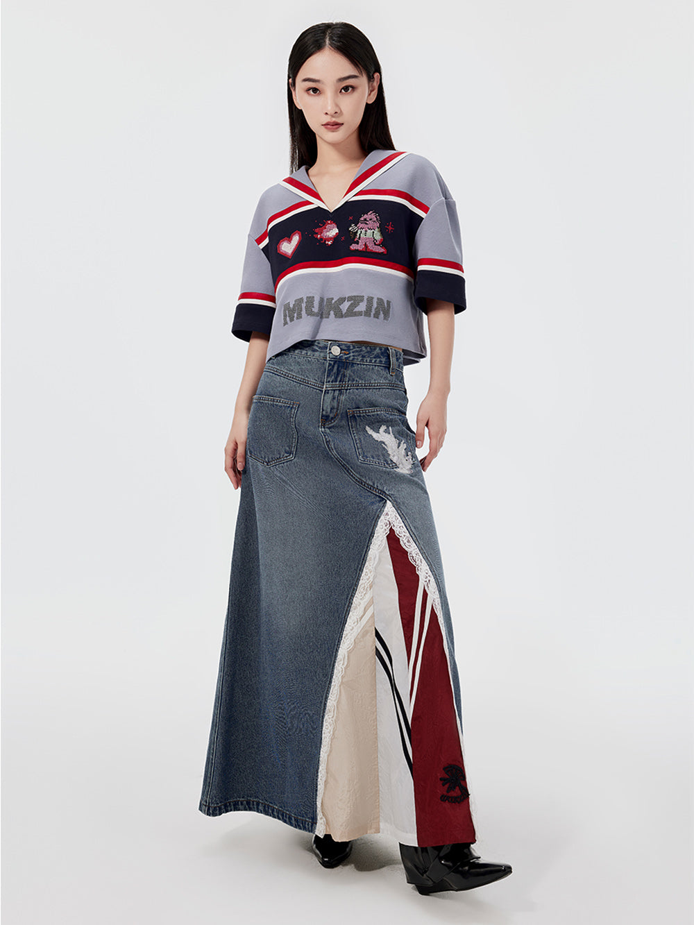 MUKZIN Lace Paneled Fashion Denim Skirt