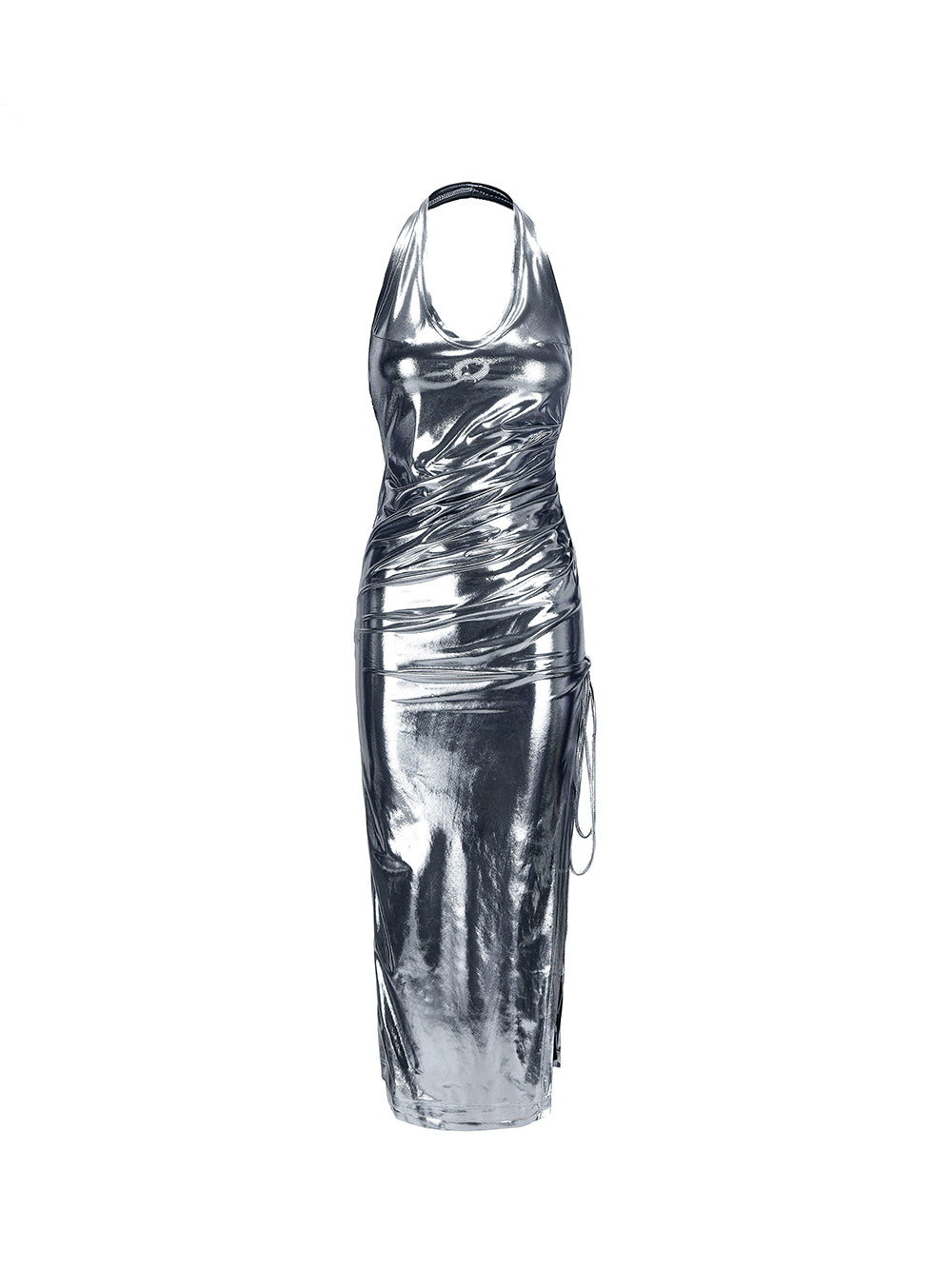 MUKTANK x ARDENCODE Embroidered Body-Hugging Metallic Silver Halter Long Dress