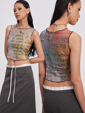 MUKTANK x Damage Asia Mottled Text Patterns Mesh Vest